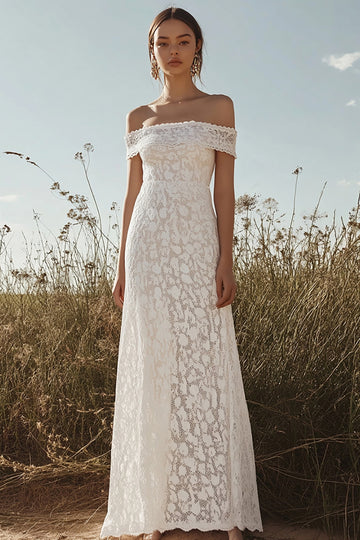 Lace Off The Shoulder Ivory A Line Wedding Dress